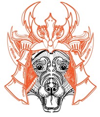The samurai dog. Samurai mask, an old Japanese mask. Freehand drawing in vintage style.