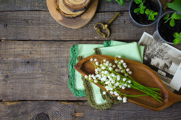 spring time wooden background lilies of the valley