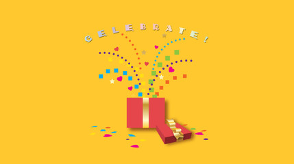 Celebrate graphic with fun confetti and red gift box