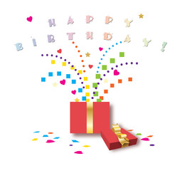Happy Birthday graphic with fun confetti and gift box against white background