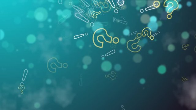 A question mark and an exclamation mark hovering on a blue background. Business background for presentations