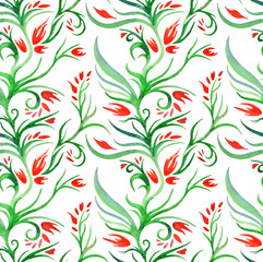 Abstract nature ornament. Hand drawn watercolor seamless pattern. Green leaves with red flowers