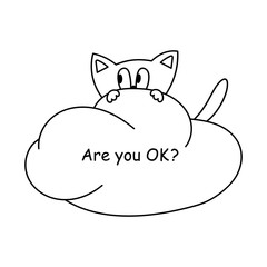Cute scared cartoon cat on a cloud. Are you OK. Hand lettering. For your design. Vector