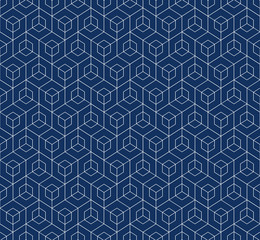 Linear abstract cube blue pattern. Modern geometric hexagon background. Repeating tiles decorative elements.