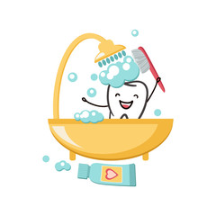 Happy tooth icon. Cute tooth characters. Dental personage on white background. To brush your teeth with toothpaste. Illustration for children dentistry. Oral hygiene, teeth cleaning.