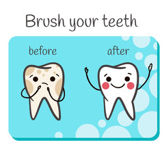 Tooth character before and after brushing. Cute tooth characters. Dental personage