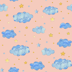 Fototapeta premium Seamless pattern with blue clouds and yellow stars, baby background