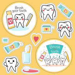 Teeth and Dentistry Elements  Stickers. Dental vector cartoons. Illustration for children dentistry and orthodontics.