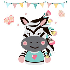 Zebra with flowers. Cute card, poster for baby room, baby shower, greeting card, kids and baby t-shirts and wear. 