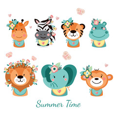 Cute animals with flowers on a white background. Illustrations for nursery design, poster, birthday greeting cards. Lion, zebra, tiger, monkey, hippo, elephant,  giraffe.