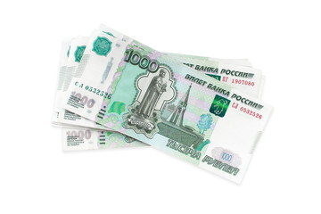 Obraz na płótnie Canvas Russian money rubles, one thousand, white background isolated