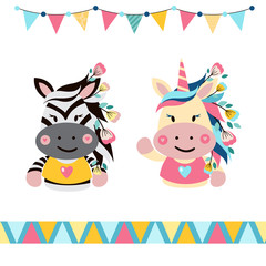 Zebra and unicorn with flowers. Cute card, vector characters set, poster for baby room, baby shower, greeting card, kids and baby t-shirts and wear.