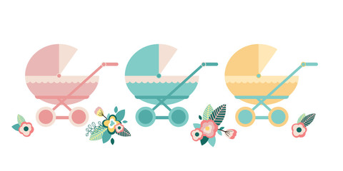 Baby stroller with floral elements on white background. Illustration can be used for stickers, invitations, cards and posters.
