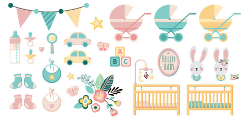 Baby boy and girl. Set of baby shower elements and animals isolated on white background. Can be used for stickers, invitations, cards and posters.