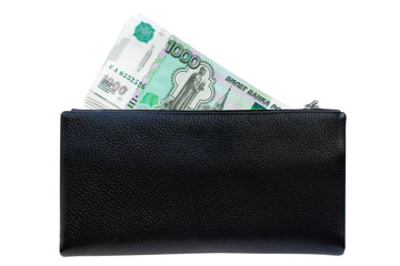 Russian money rubles, black purse bag, white background isolated