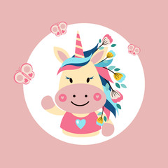 Obraz na płótnie Canvas Unicorn with flowers and butterflies. Cute card, vector characters set, poster for baby room, baby shower, greeting card, kids and baby t-shirts and wear. 