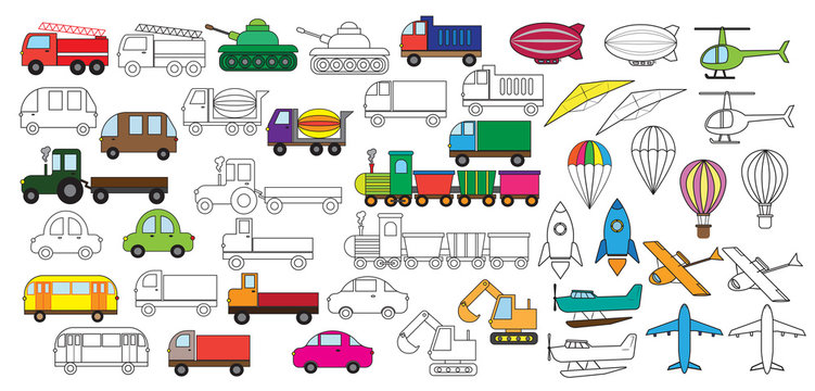 Transportation. Set of cars icons. Coloring book. Vector illustration.
