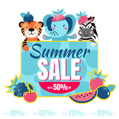 Summer sale banner with  animals and summer berries. Design for flyer, invitation, poster, web site or greeting card. 