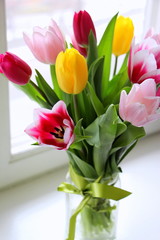 Multicolored fresh tulips. A bouquet of spring flowers.