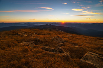 Beautiful landscape at sunset of the Ukrainian Carpathian Mountains, Chornohora from Mount Petros