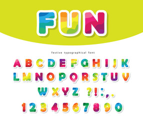 Modern colorful font. Bright paper cutout ABC letters and numbers. Trendy flexible alphabet. Vector