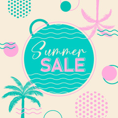 Summer sale banner with manuscript and printing font. With palm trees, waves and circle background. In green, pink and cream color. Ready to use in social media, posters, flyers and advertising.
