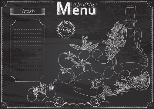 Vector template with healthy foods elements for menu stylized as chalk drawing on chalkboard.Design for a restaurant, cafe or bar