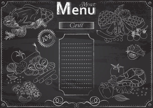 Vector template with meat elements for menu stylized as chalk drawing on chalkboard.Design for a restaurant, cafe or bar