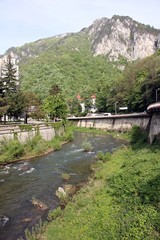 Cerna River and Cerna-Mehedinti Mountains in  Herculane, Romania