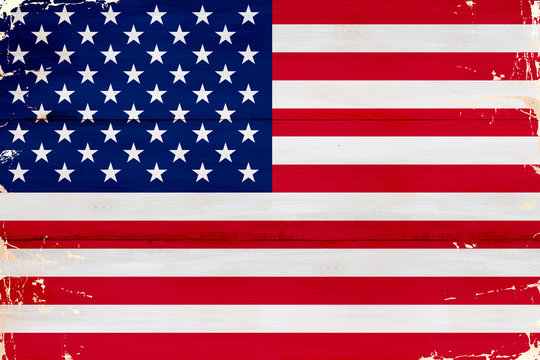 Flaga USA malowana na starej desce.