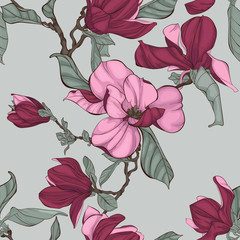 Fototapety  Seamless pattern, background with blooming magnolia flowers.