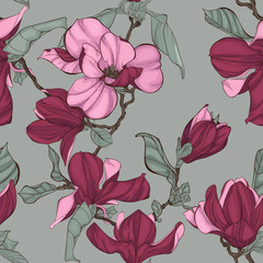 Seamless pattern, background with blooming magnolia flowers.