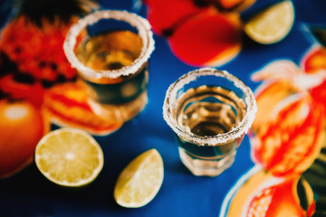 Mexican Tequila shot with lime and salt in Mexico