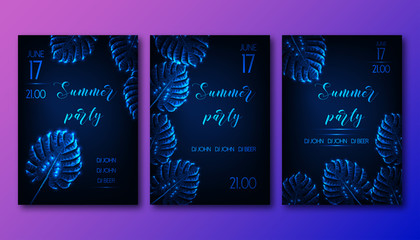 Futuristic summer party flyers set with glow low polygonal monstera leaves on dark blue background.