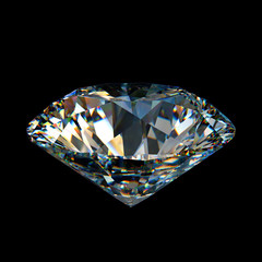 Close-up round cut diamond, side view isolated on black background