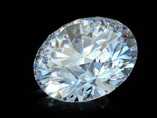 Close-up round cut diamond, front view on black glossy background