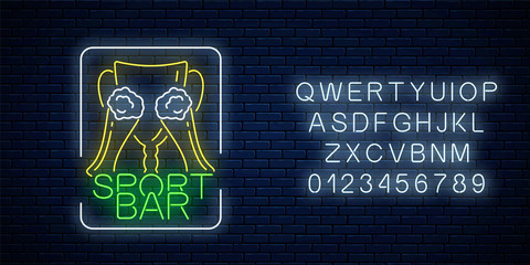 Glowing neon sport bar concept. Award cup with glass of beer as pub with live sport broadcast signboard and alphabet.