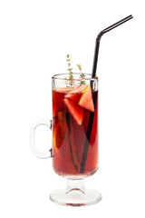 Mulled wine with orange, apple, cinnamon sticks, anise isolated on white background. Long drinks.
