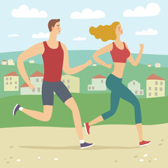Running man and woman on landscape background