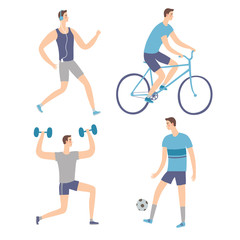 Set of cartoon men doing sport exercises