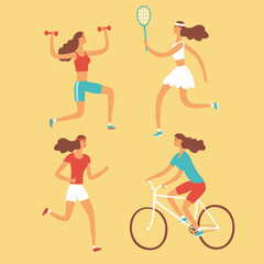 Set of cartoon girls doing sport exercises