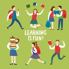 Cute boys and girls with books set