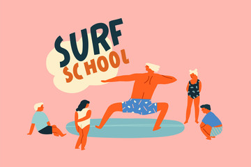 Surf school logo with funny character surfer catching the wave.