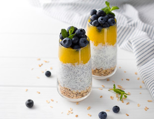 Two Glasses of chia pudding with blueberries, mango mousse and oat granola on the kitchen table.
