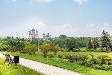 Fototapeta premium Feofaniya beautiful park landscape in Kyiv, Ukraine. The view on of Panteleimon s Cathedral in Theofaniya Park