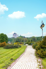 Feofaniya beautiful park landscape in Kyiv, Ukraine. The view on of Panteleimon s Cathedral in Theofaniya Park