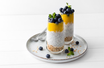 Healthy vanilla chia pudding in a glass with fresh blueberries and mint.