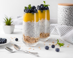 Two Glasses of chia pudding with blueberries, mango mousse and oat granola on the kitchen table.