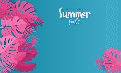 Fototapeta na wymiar Horizontal summer sale banner with paper cut pink tropical leaves on blue background. Exotic floral design for banner, invitation, web, greeting card with place for text. Papercut illustration