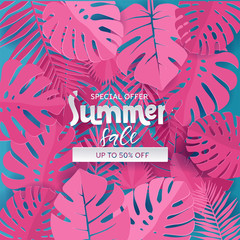 Square Composition with paper cut pink jungle leaves on blue background. Lettering text is hiding in Tropical exotic plants. Special offer up to 50 pecent off template for ad design, banner, flyer.